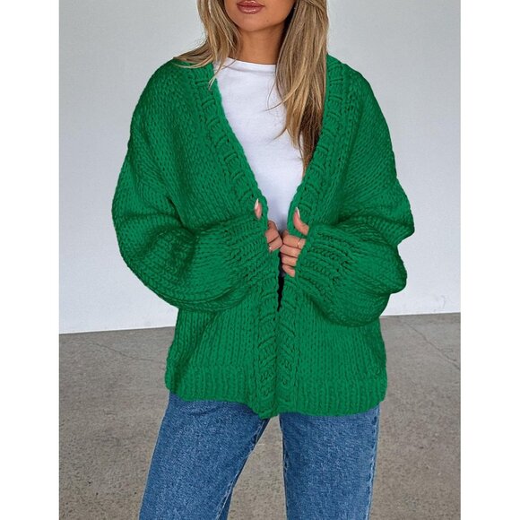 Womens Trendy Cardigan Sweaters Green Long Sleeve Chunky Knit Outfits - Picture 8 of 8
